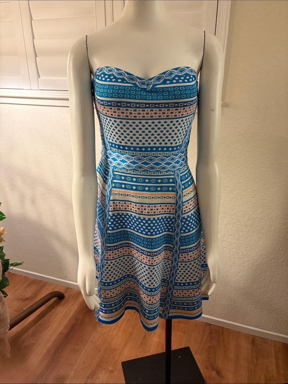 Strapless Teal & Cream Patterned A-Line Dress - Women's